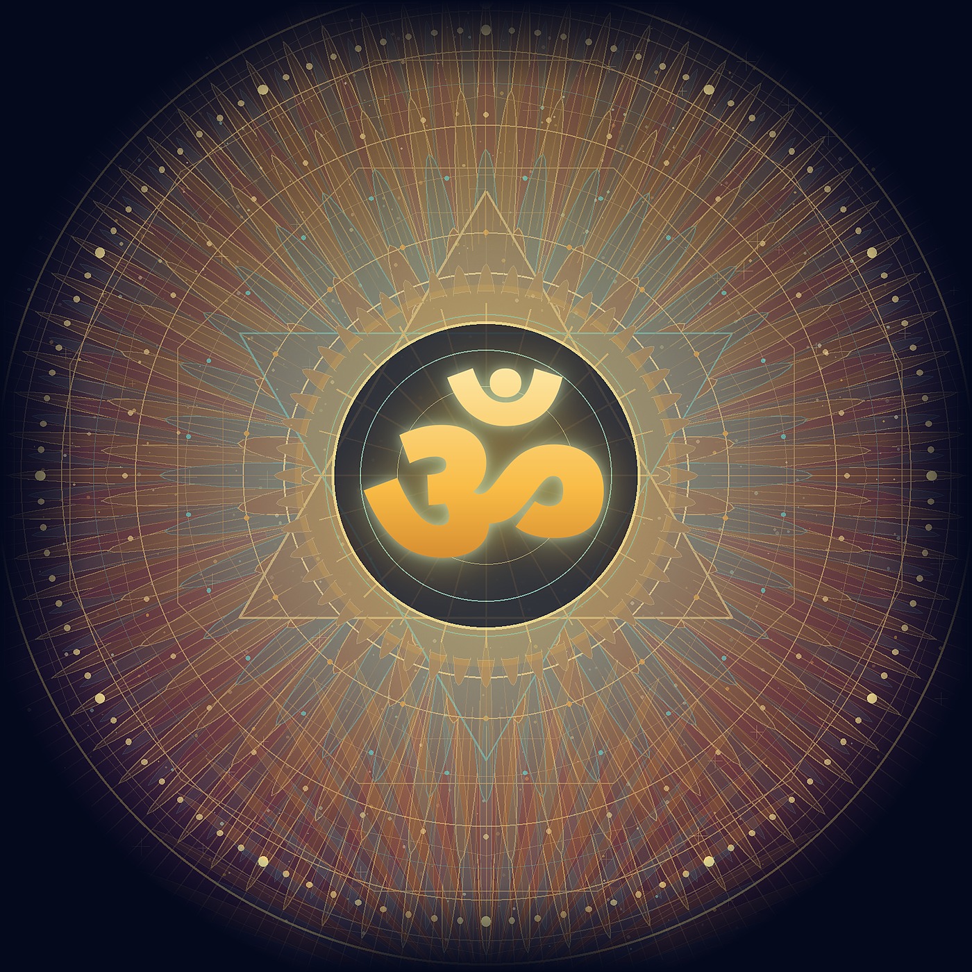 Glowing Om symbol inside a gold sacred mandala
